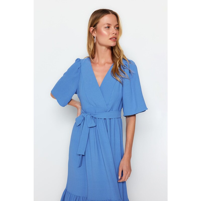 Trendyol Indigo Belted Woven Double Breasted Neck Back Detail Midi Woven Dress