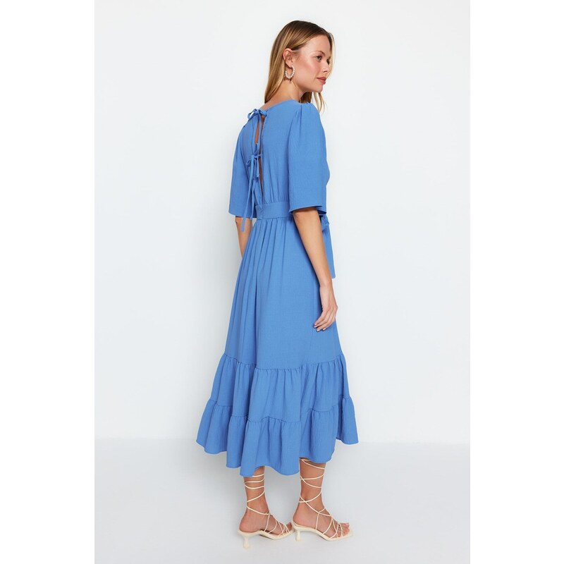 Trendyol Indigo Belted Woven Double Breasted Neck Back Detail Midi Woven Dress