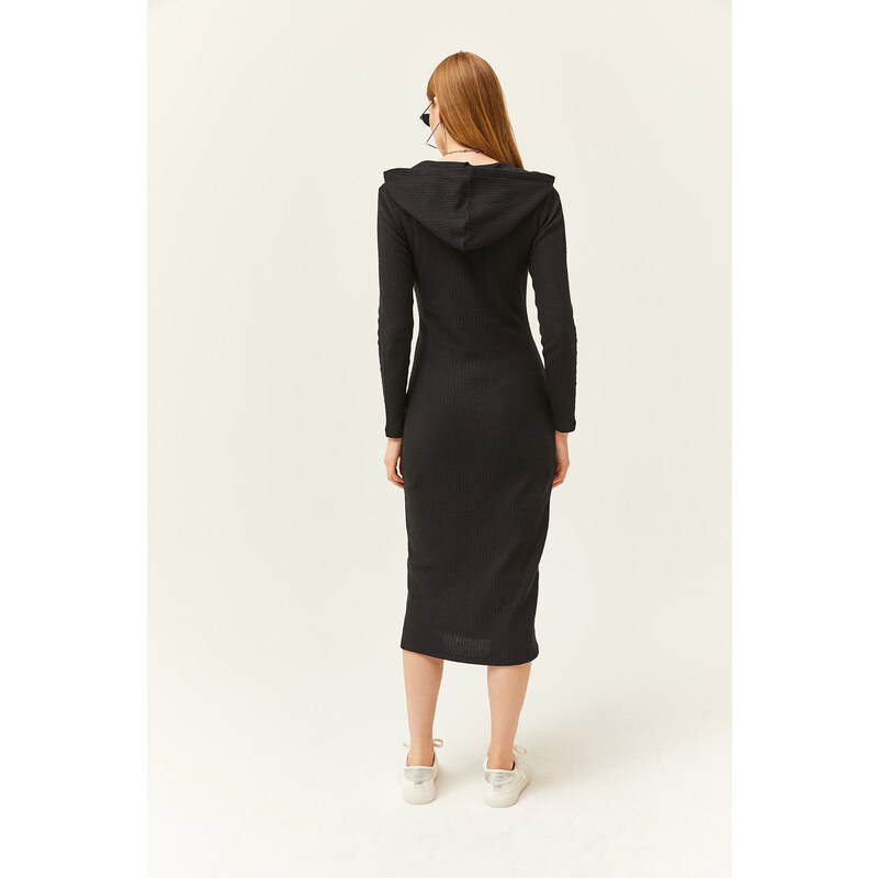 Olalook Women's Black Zippered Hooded Pocket Thick Ribbed Midi Dress