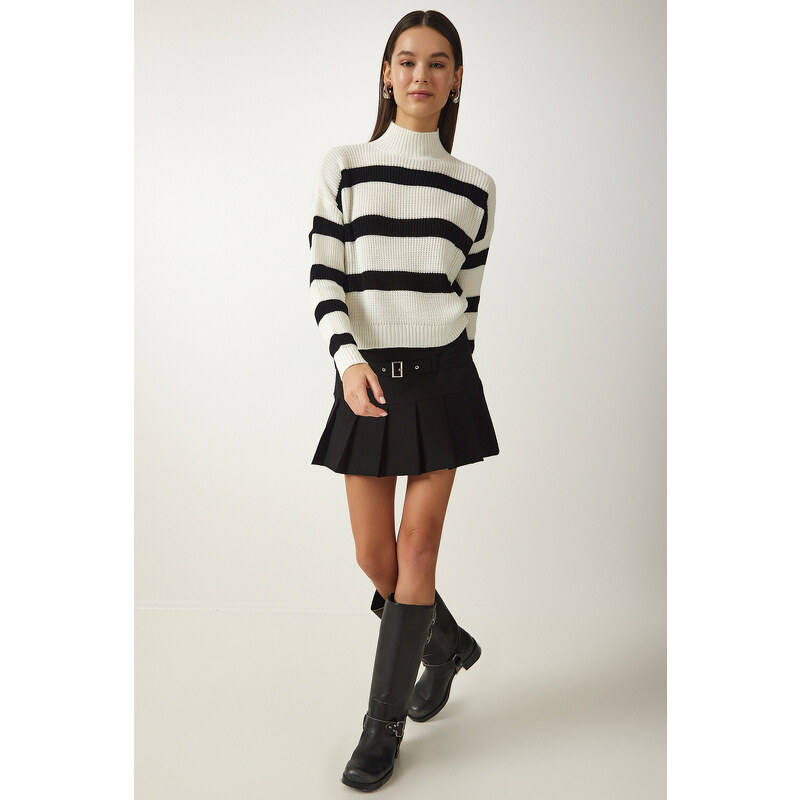 Happiness İstanbul Women's Ecru High Collar Striped Knitwear Sweater