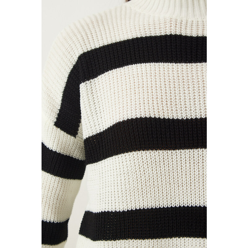 Happiness İstanbul Women's Ecru High Collar Striped Knitwear Sweater