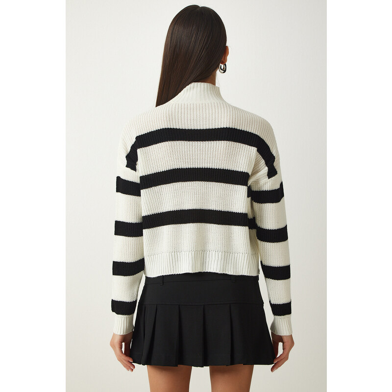 Happiness İstanbul Women's Ecru High Collar Striped Knitwear Sweater