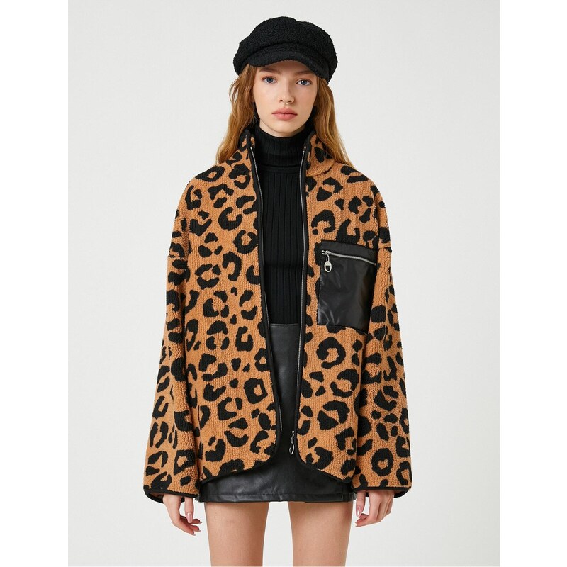 Koton Leopard Patterned Plush Zippered Sweatshirt