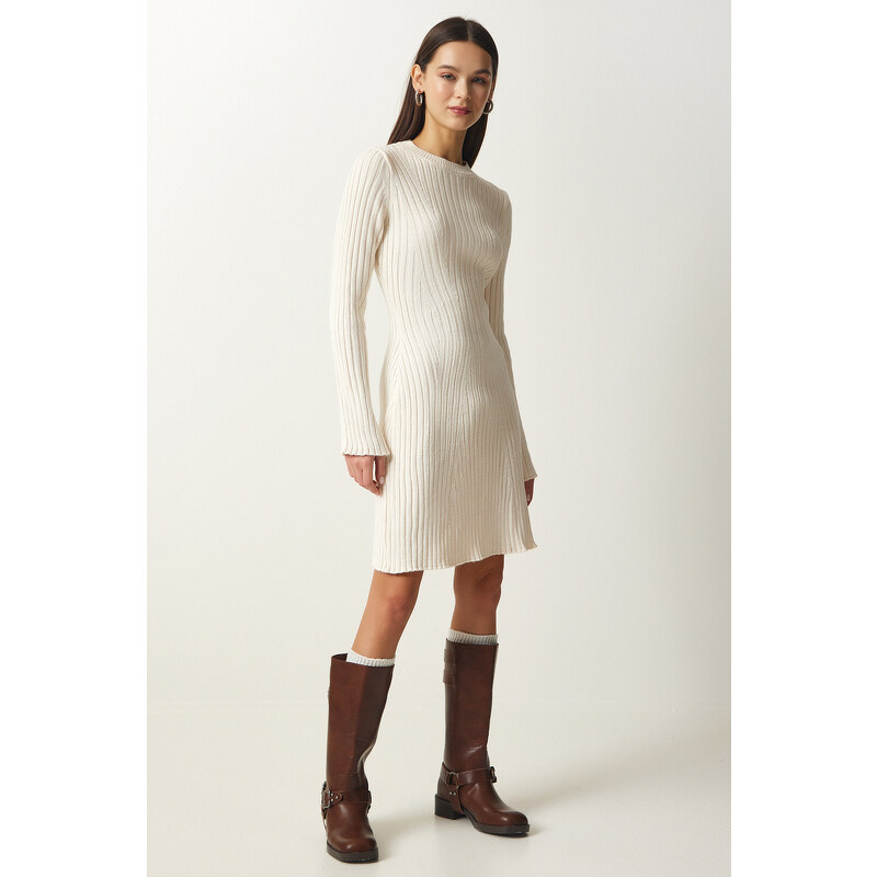 Happiness İstanbul Womens Cream Ribbed A-Line Knitwear Dress 107072802