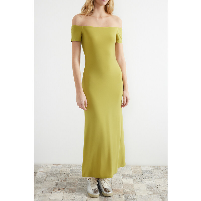 Trendyol Green Carmen Collar Fitted/Sleeping Elastic Knitted Maxi Dress