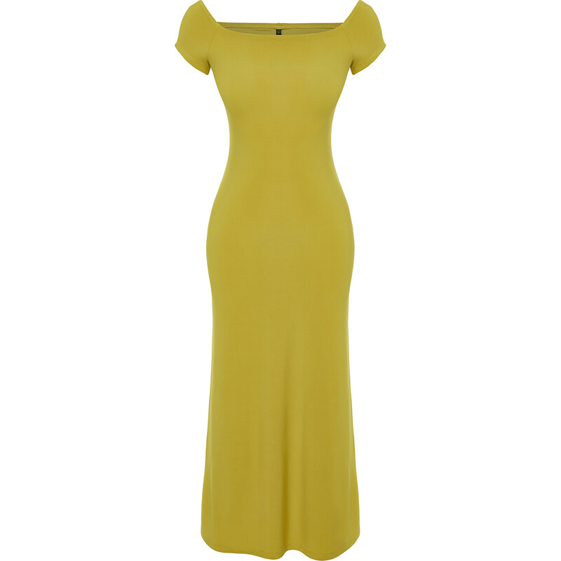 Trendyol Green Carmen Collar Fitted/Sleeping Elastic Knitted Maxi Dress