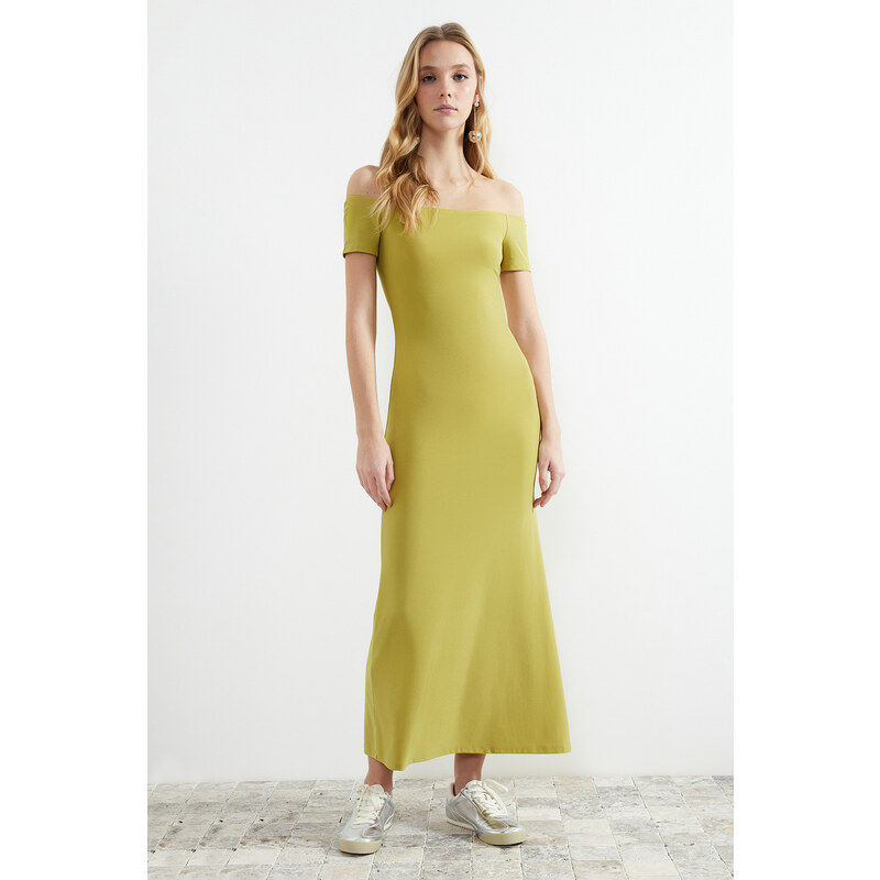 Trendyol Green Carmen Collar Fitted/Sleeping Elastic Knitted Maxi Dress