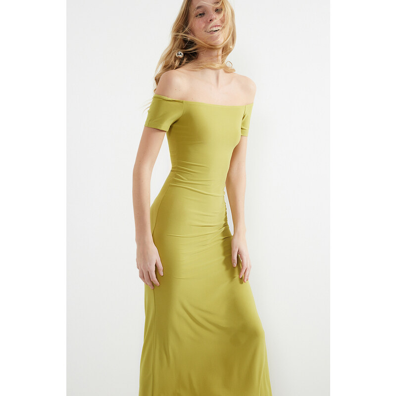 Trendyol Green Carmen Collar Fitted/Sleeping Elastic Knitted Maxi Dress