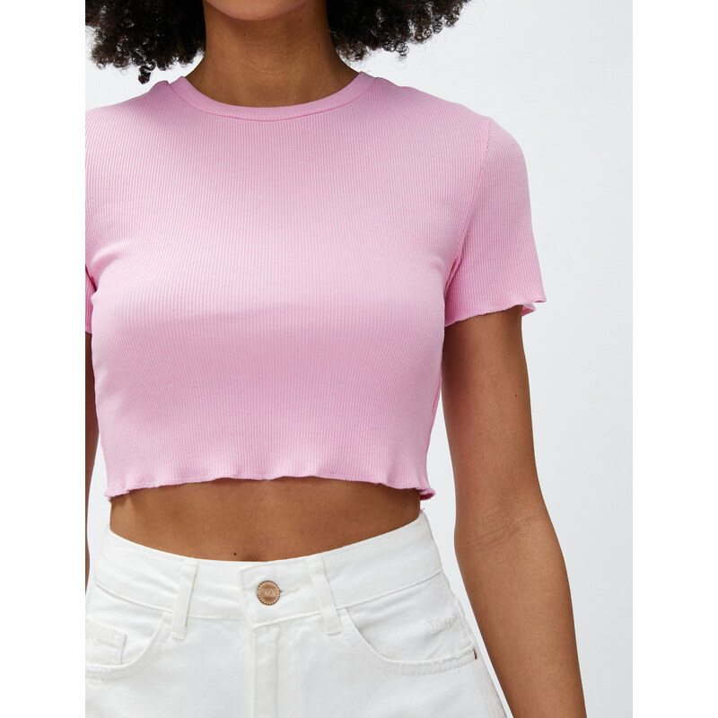 Koton Crop T-Shirt Ribbed Short Sleeve Crew Neck