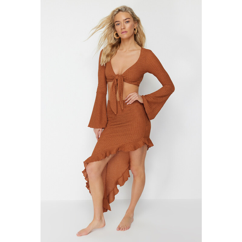 Trendyol Brown Body-Smoothing Woven Ruffle Blouse Beach Skirt Set 107073640