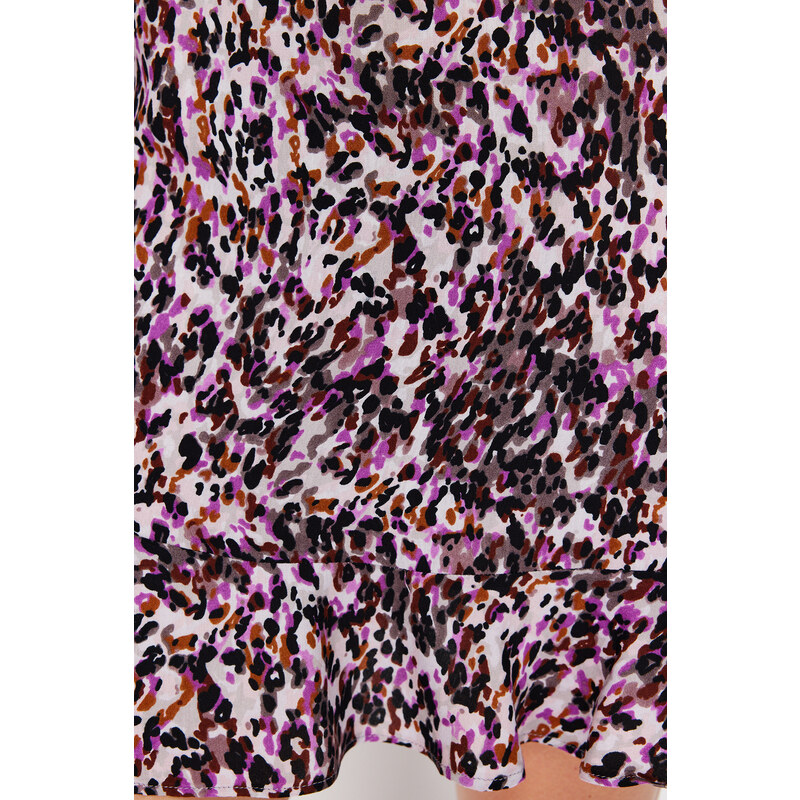 Trendyol růžové volánové mini tkané šaty s vysokým výstřihem