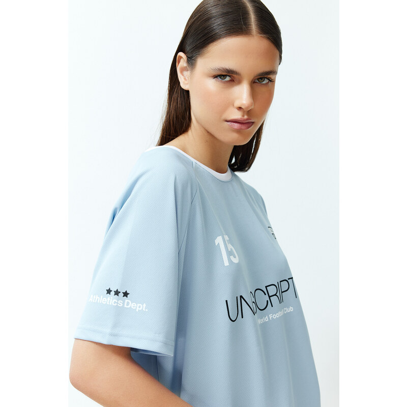 Trendyol Blue Oversize/Wide Fit Motto Printed Knitted T-Shirt