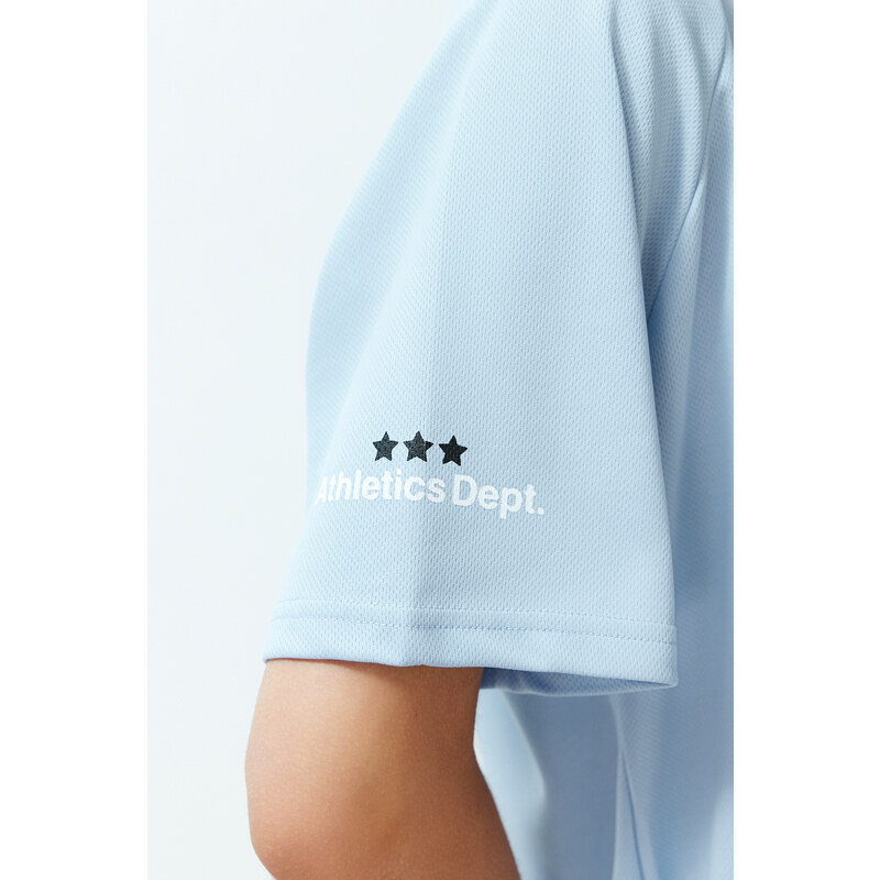 Trendyol Blue Oversize/Wide Fit Motto Printed Knitted T-Shirt