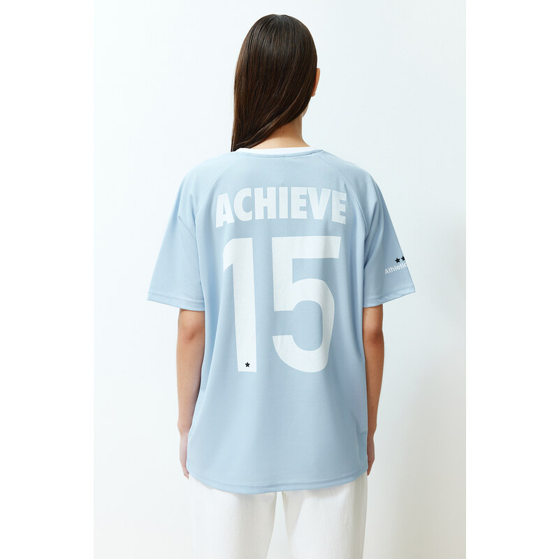 Trendyol Blue Oversize/Wide Fit Motto Printed Knitted T-Shirt