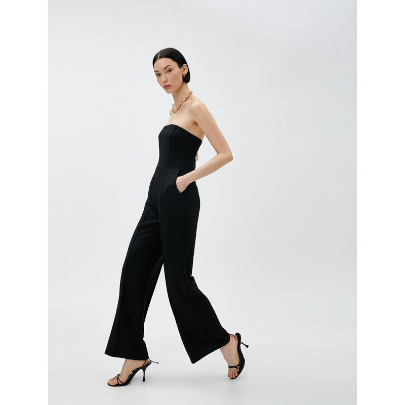 Koton Strapless Jumpsuit Ribbed Pocket Wide Leg