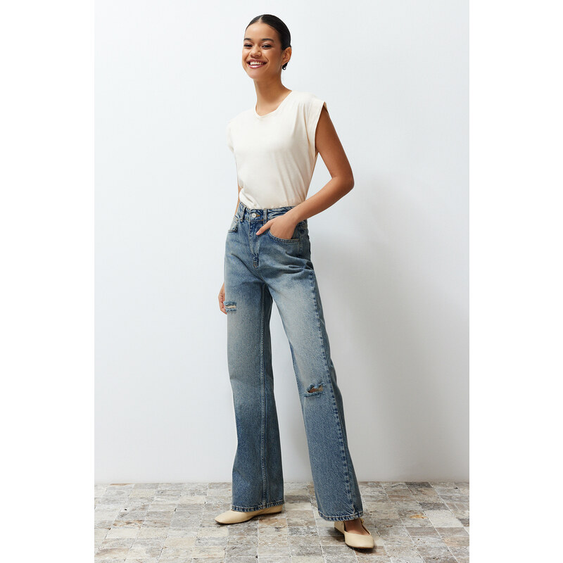 Trendyol Blue More Sustainable Ripped High Waist Wide Leg Jeans