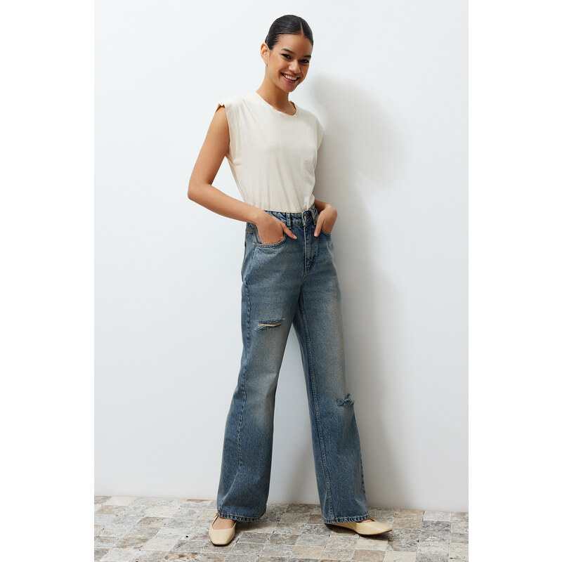 Trendyol Blue More Sustainable Ripped High Waist Wide Leg Jeans