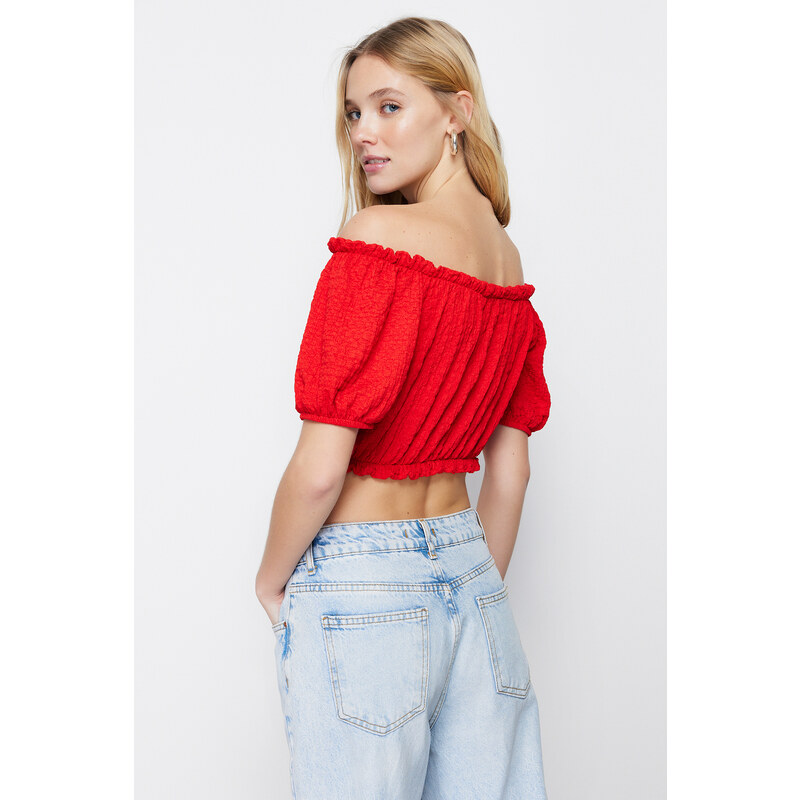 Trendyol Red Carmen Collar Gossamer Crop Knitted Blouse