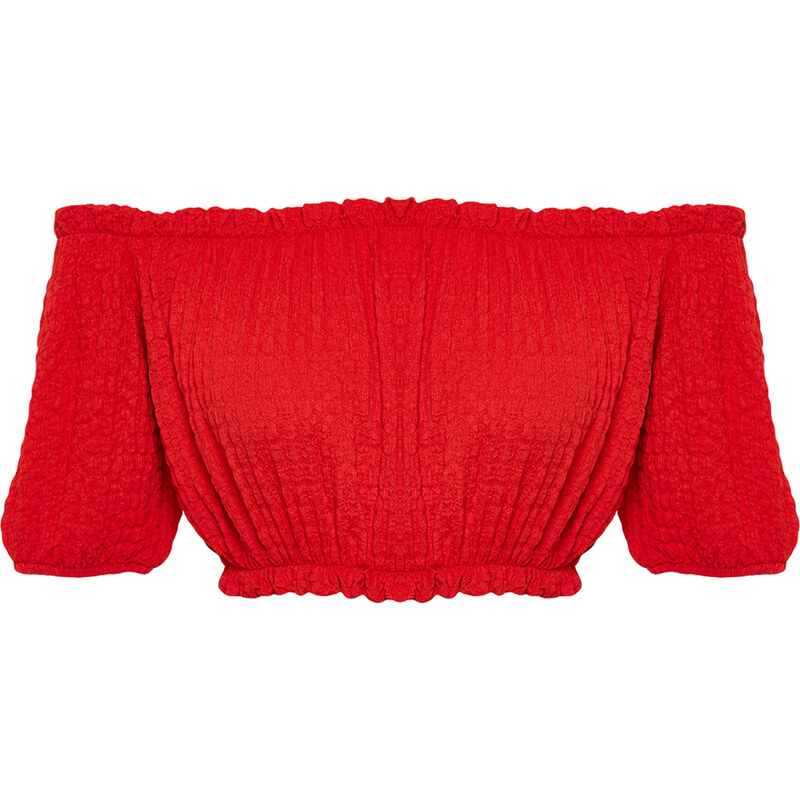 Trendyol Red Carmen Collar Gossamer Crop Knitted Blouse