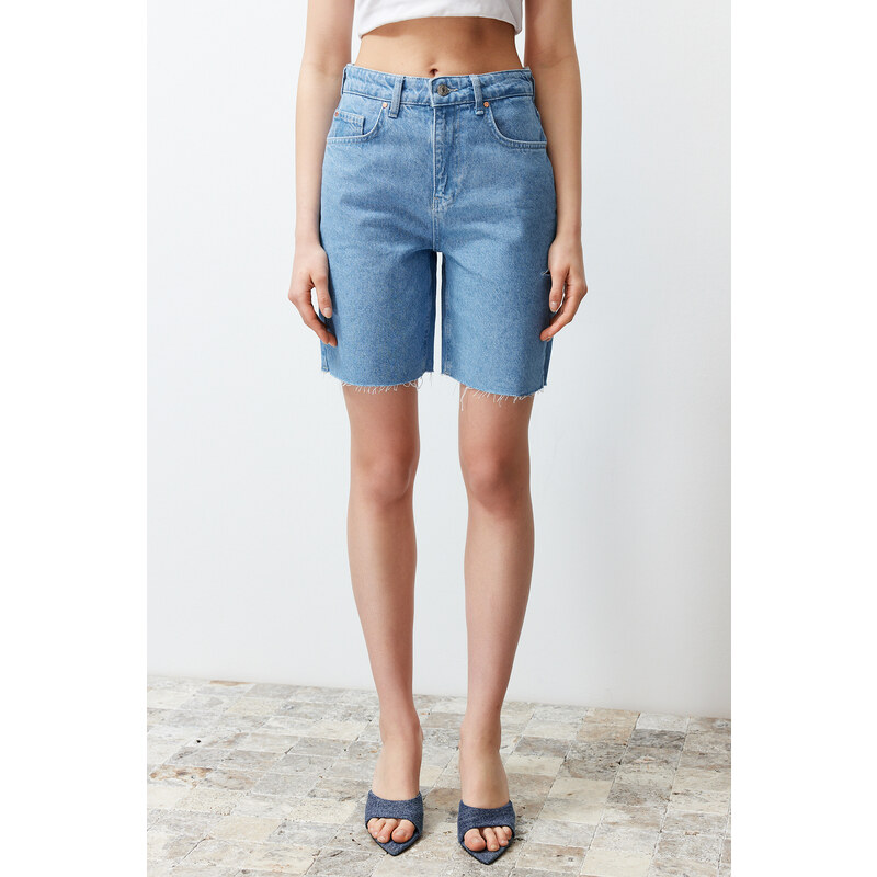 Trendyol Light Blue Ripped High Waist Denim Shorts & Bermuda