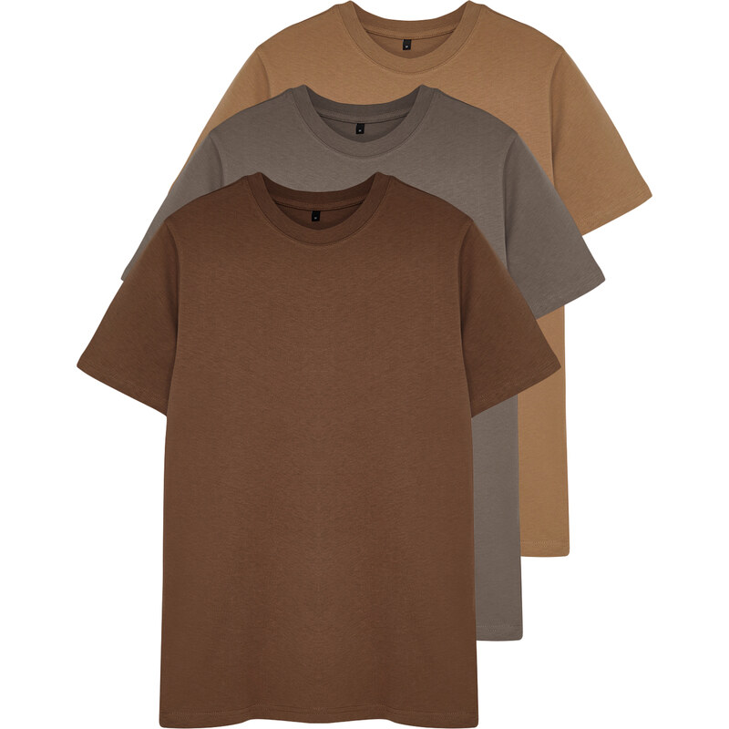 Trendyol Brown-Beige-Grey Basic Slim/Narrow Fit 100% Cotton 3-Pack T-Shirt