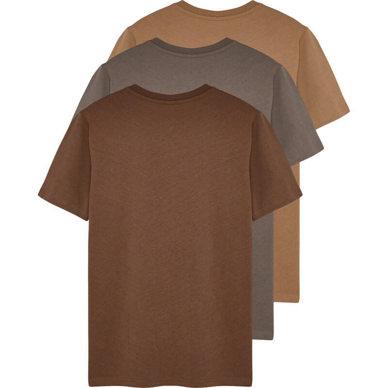 Trendyol Brown-Beige-Grey Basic Slim/Narrow Fit 100% Cotton 3-Pack T-Shirt