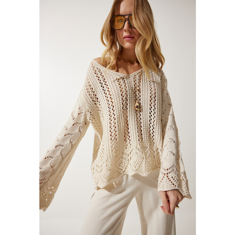 Happiness İstanbul Women's Cream Openwork Seasonal Knitwear Sweater