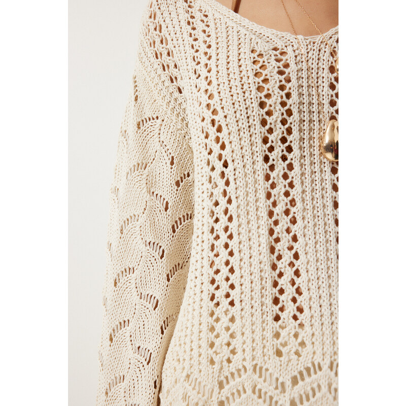 Happiness İstanbul Women's Cream Openwork Seasonal Knitwear Sweater