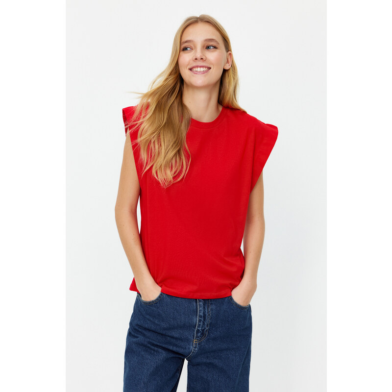 Trendyol Red 100% Cotton Wadding Look Basic Crew Neck Knitted T-Shirt