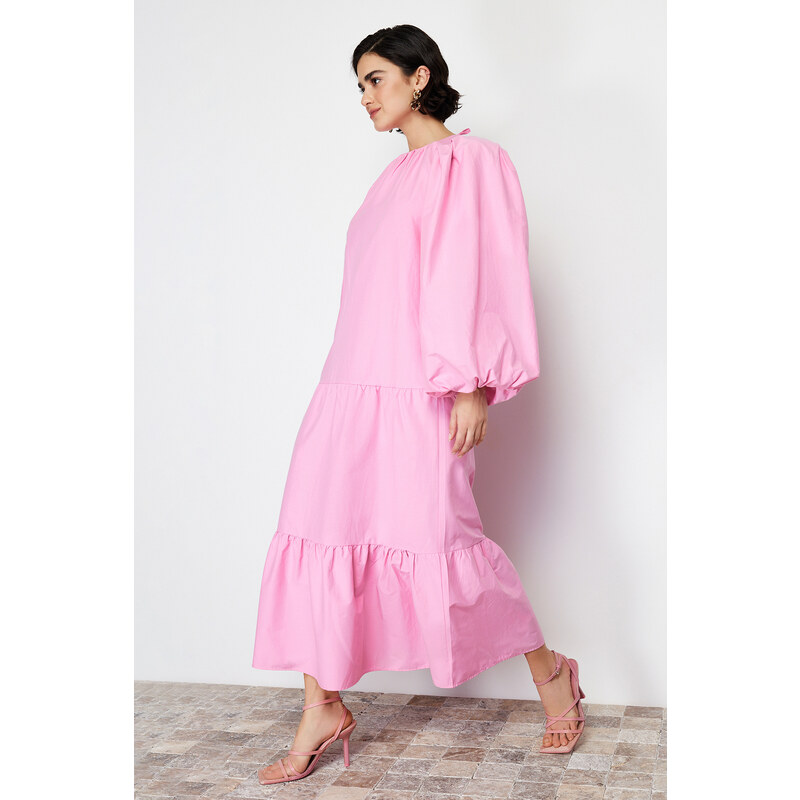 Trendyol Pink Balloon Sleeve Skirt Layered Cotton Woven Dress