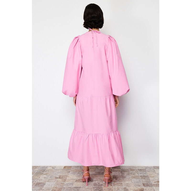 Trendyol Pink Balloon Sleeve Skirt Layered Cotton Woven Dress