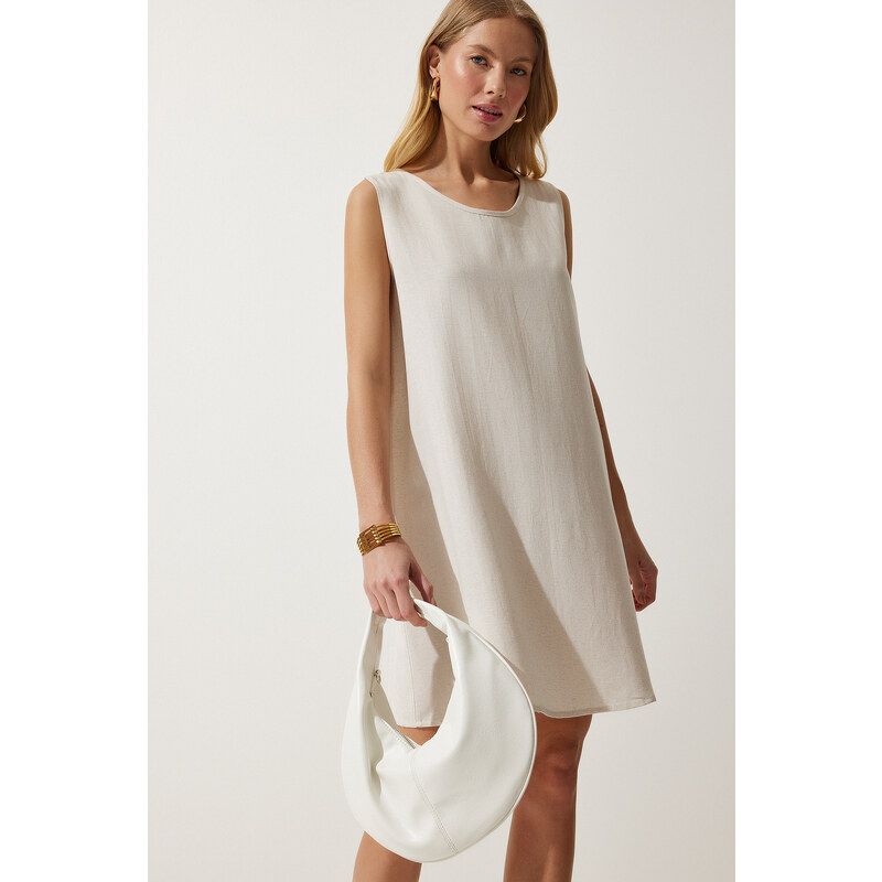 Happiness İstanbul Women's Cream Summer Linen Viscose Bell Dress