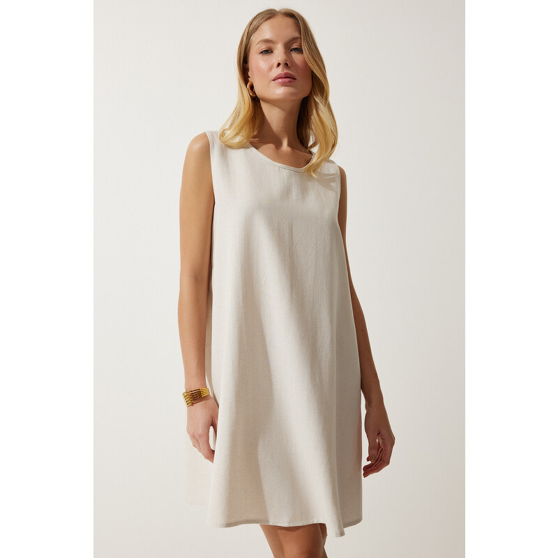 Happiness İstanbul Women's Cream Summer Linen Viscose Bell Dress