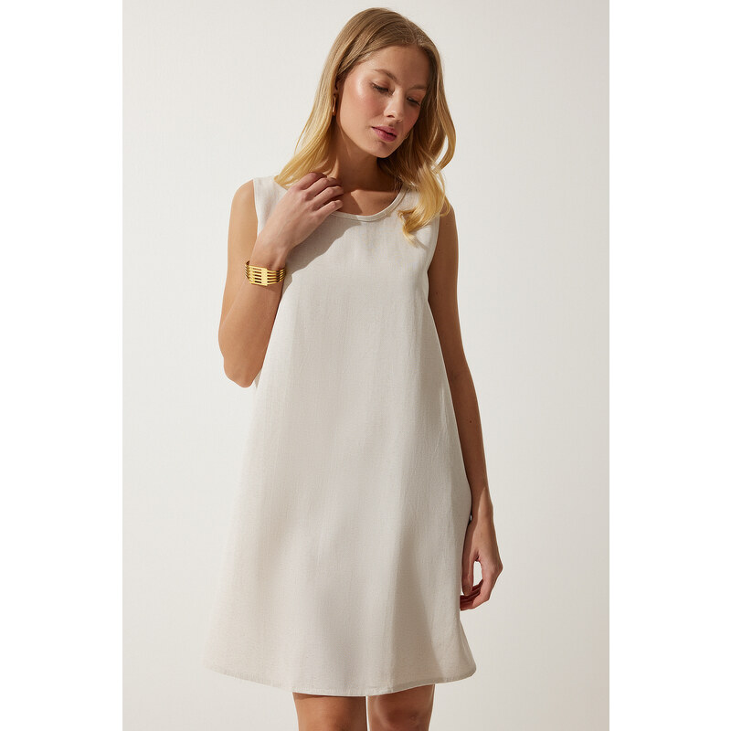 Happiness İstanbul Women's Cream Summer Linen Viscose Bell Dress