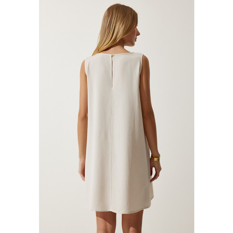 Happiness İstanbul Women's Cream Summer Linen Viscose Bell Dress