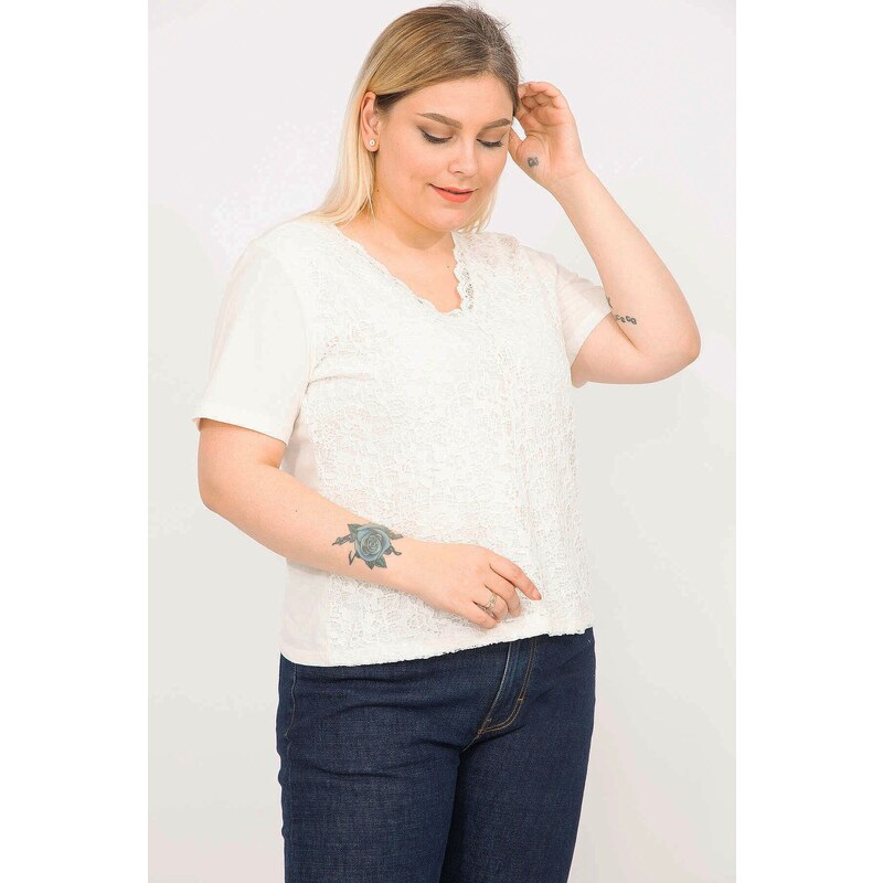 Şans Women's Bone Plus Size Cotton Blouse with Lining and Lace