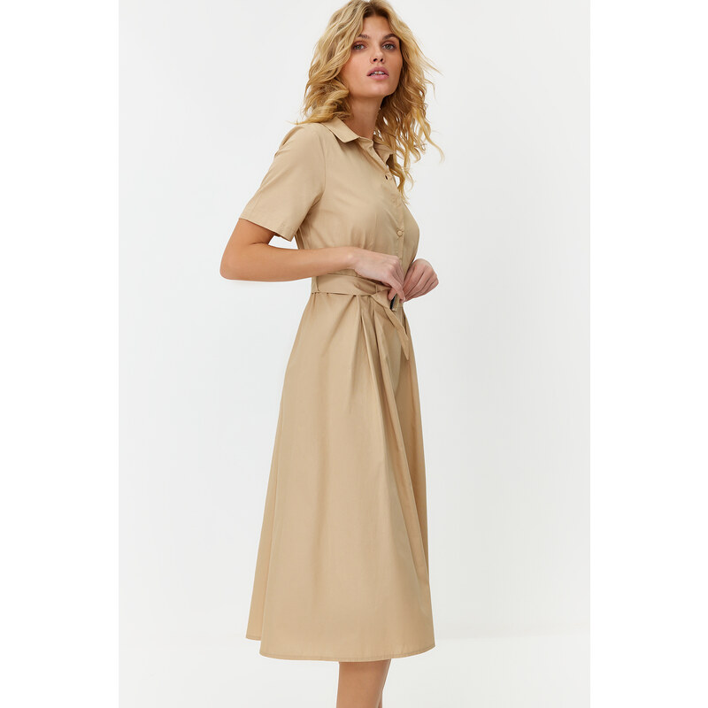 Trendyol Jewelled Belt Skirt Waist Opening Pleated 100% Cotton Poplin Midi Woven Dress