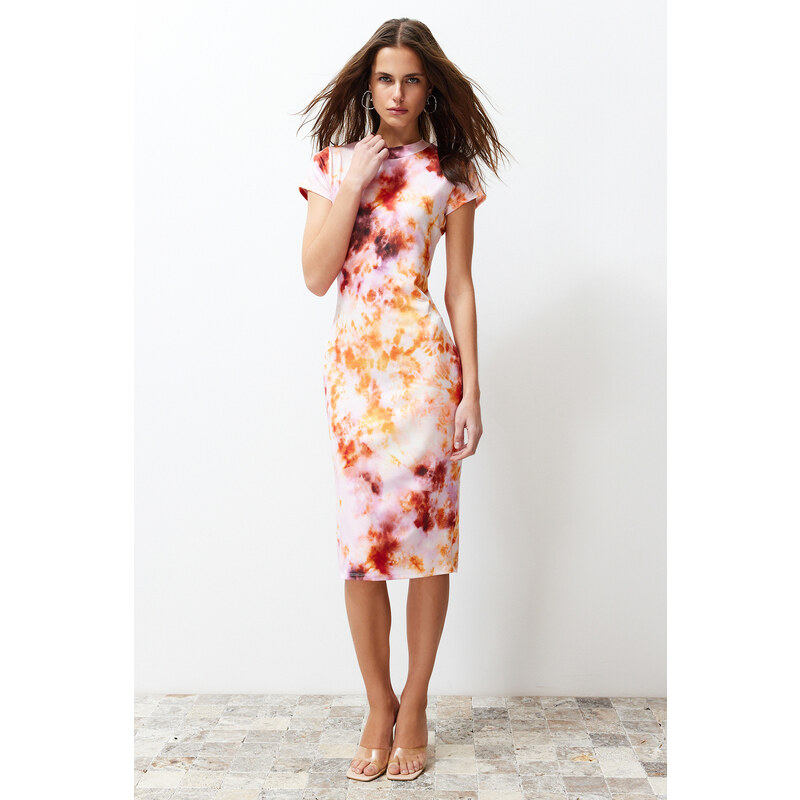 Trendyol Multi Color Printed Fitted/Sleeping Short Sleeve High Neck Flexible Knitted Midi Dress