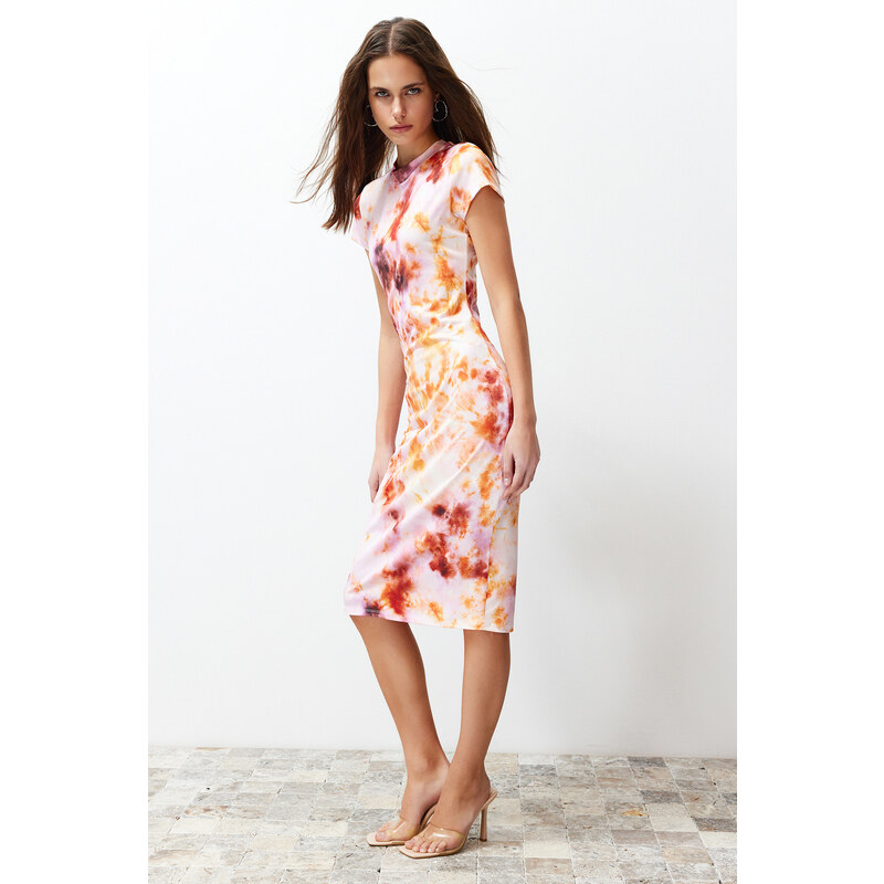 Trendyol Multi Color Printed Fitted/Sleeping Short Sleeve High Neck Flexible Knitted Midi Dress