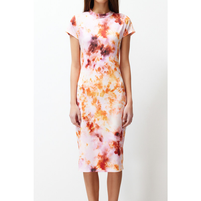 Trendyol Multi Color Printed Fitted/Sleeping Short Sleeve High Neck Flexible Knitted Midi Dress