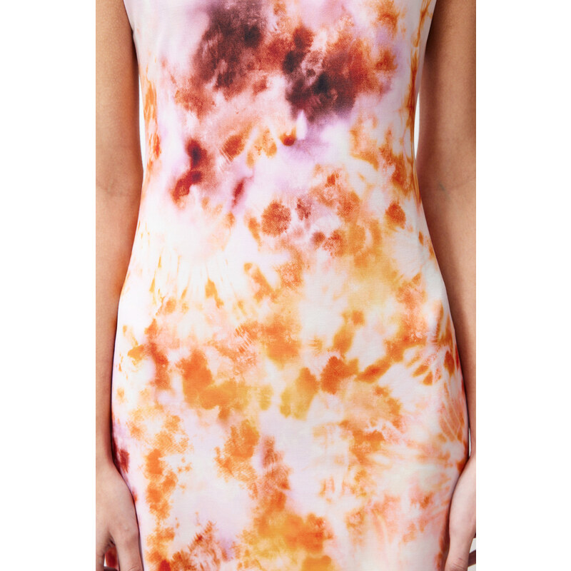 Trendyol Multi Color Printed Fitted/Sleeping Short Sleeve High Neck Flexible Knitted Midi Dress