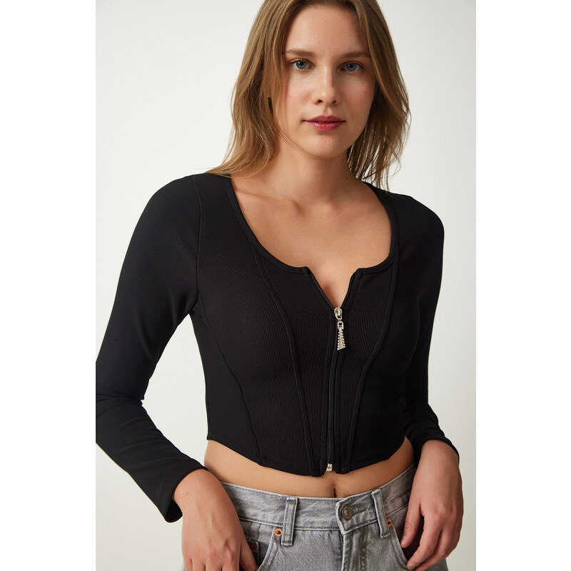 Happiness İstanbul Women's Black Zippered Ribbed Crop Blouse