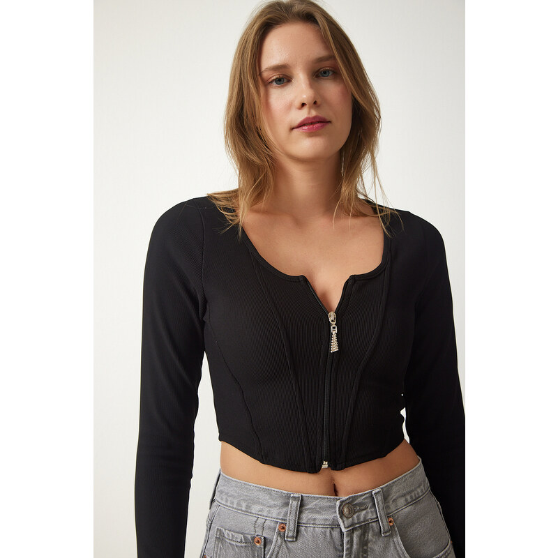 Happiness İstanbul Women's Black Zippered Ribbed Crop Blouse
