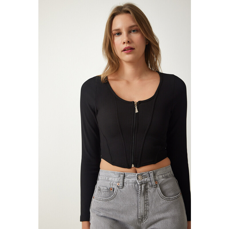 Happiness İstanbul Women's Black Zippered Ribbed Crop Blouse