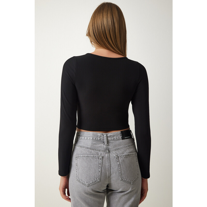 Happiness İstanbul Women's Black Zippered Ribbed Crop Blouse