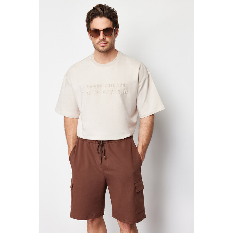 Trendyol Brown Oversize/Wide-Fit Concealed Cord Elastic Waist Cargo Pocket Tag Shorts