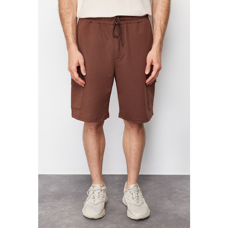 Trendyol Brown Oversize/Wide-Fit Concealed Cord Elastic Waist Cargo Pocket Tag Shorts