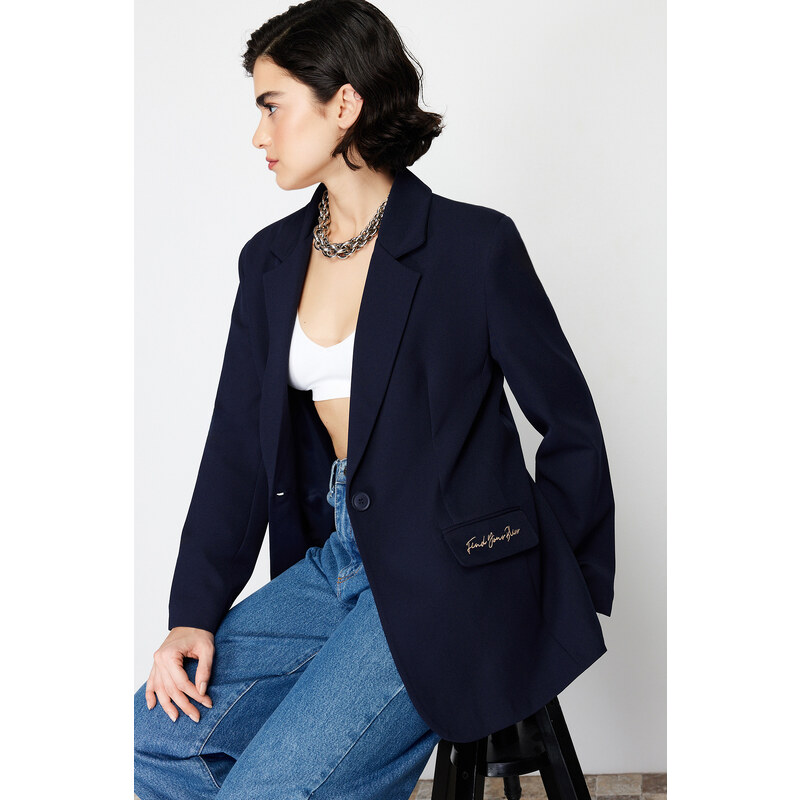 Trendyol Navy Blue Embroidery Detailed Woven Regular Blazer Jacket