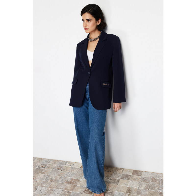 Trendyol Navy Blue Embroidery Detailed Woven Regular Blazer Jacket