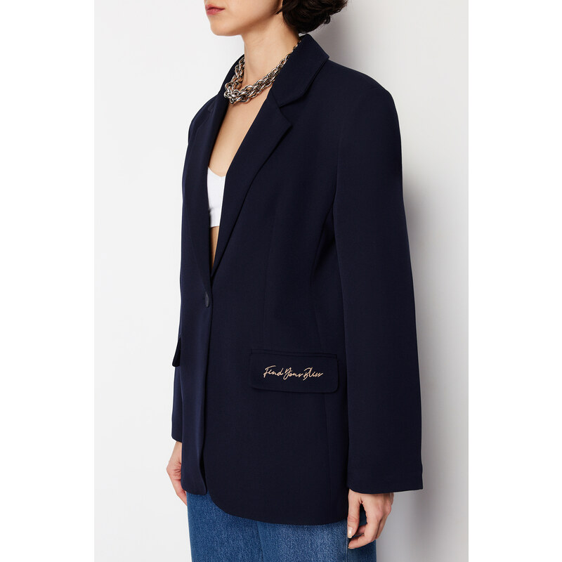 Trendyol Navy Blue Embroidery Detailed Woven Regular Blazer Jacket